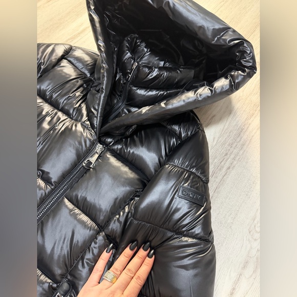 DKNY Shiny Black Puffer Coat - Picture 3 of 5